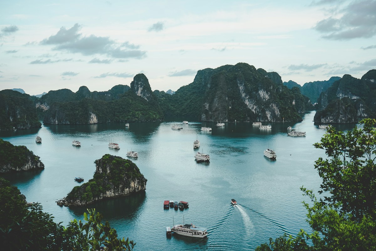 Limestone islands and green water in Ha Long Bay, Vietnam